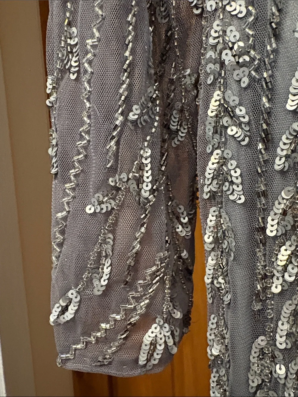 Mac Duggal Platinum Embellished Illusion High Neck Long Sleeve Gown Size 10 - Picture 4 of 9